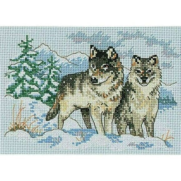 Cross Stitch Kit Dimensions A Pair Of Wolves Counted 6800 Winter Snow 7 x 5 AIDA - Picture 1 of 6